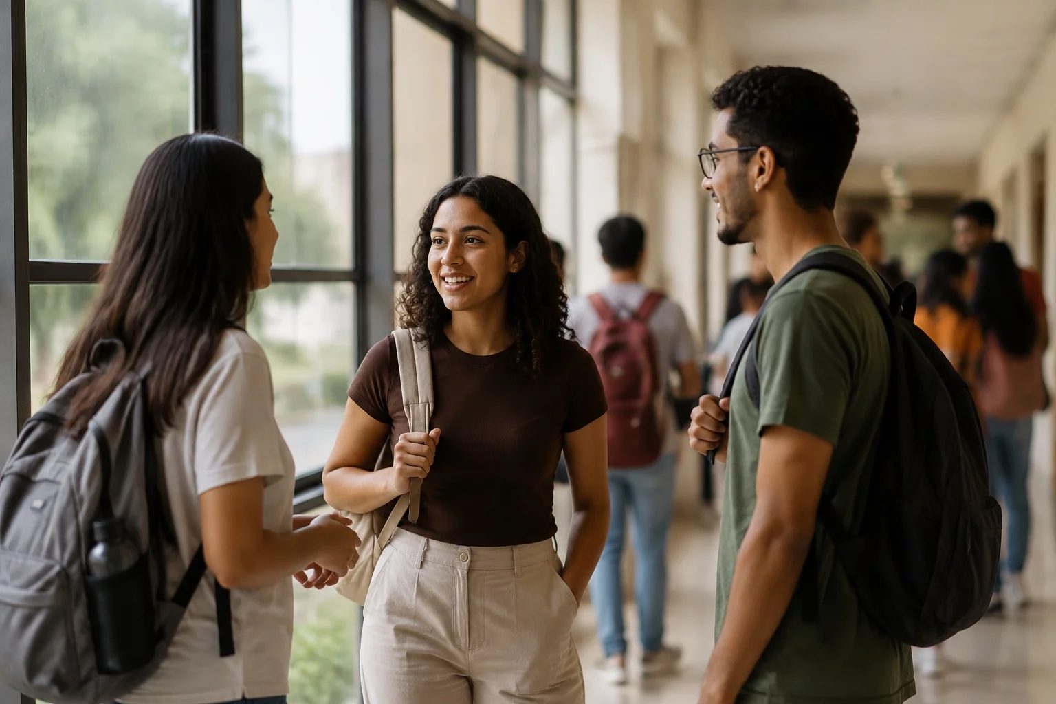 Estudantes com mochilas conversando no corredor de uma universidade