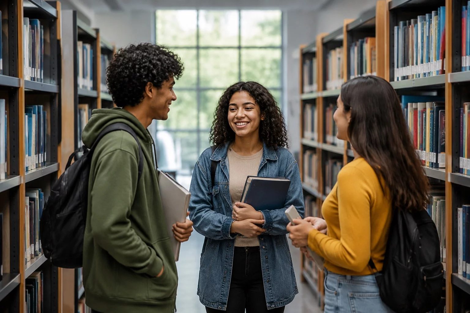 Estudantes conversando em pé entre as estantes de uma biblioteca