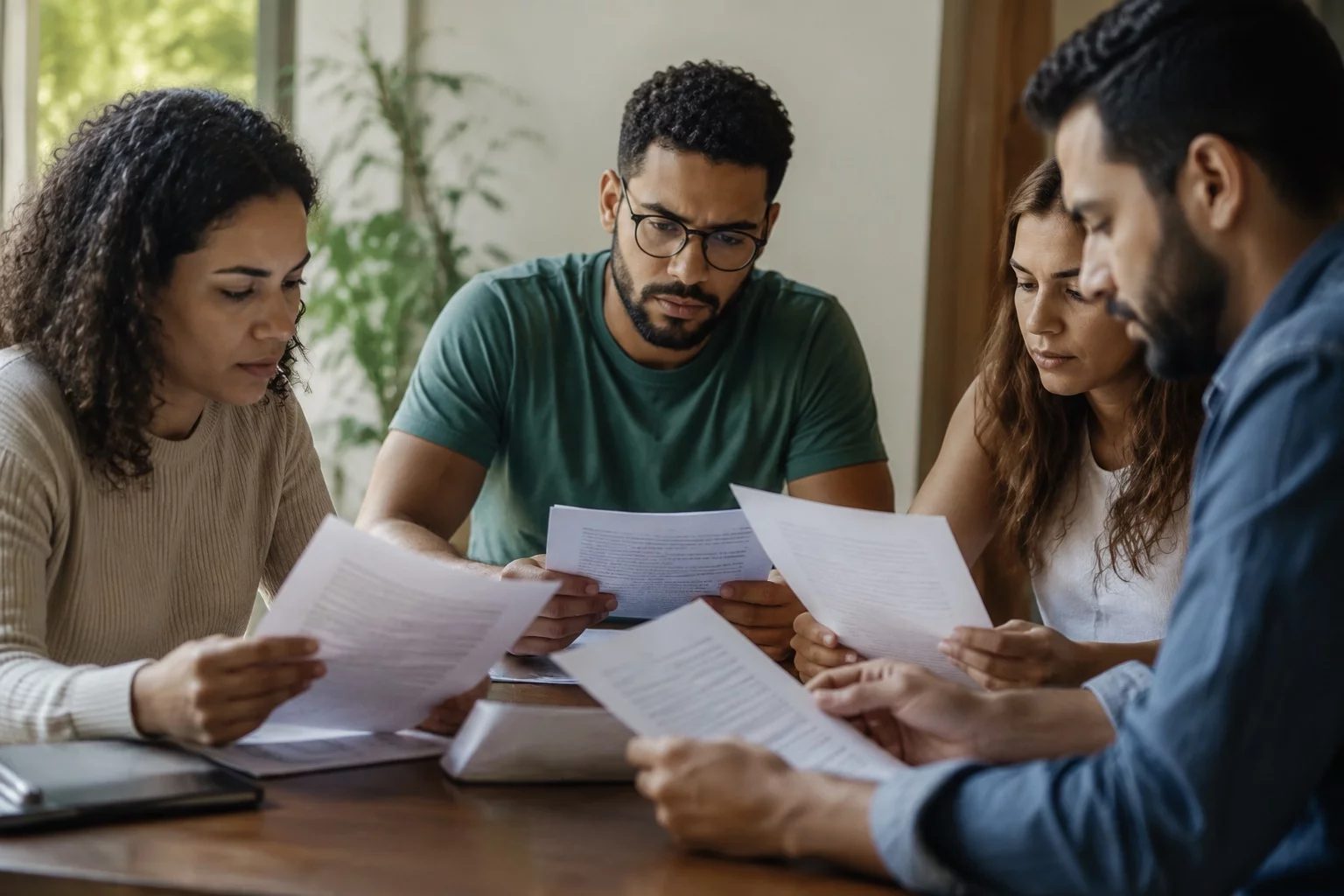 Grupo pequeno lendo páginas impressas de argumentos ao redor de uma mesa