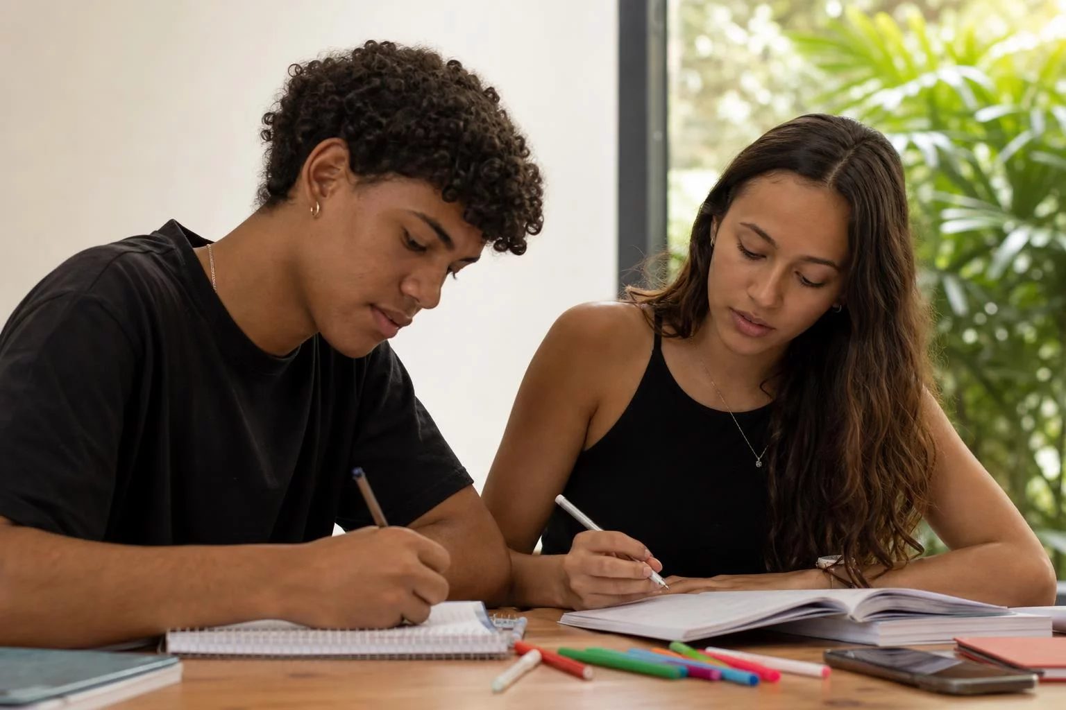 Dois estudantes preparando um debate com cadernos e marcadores