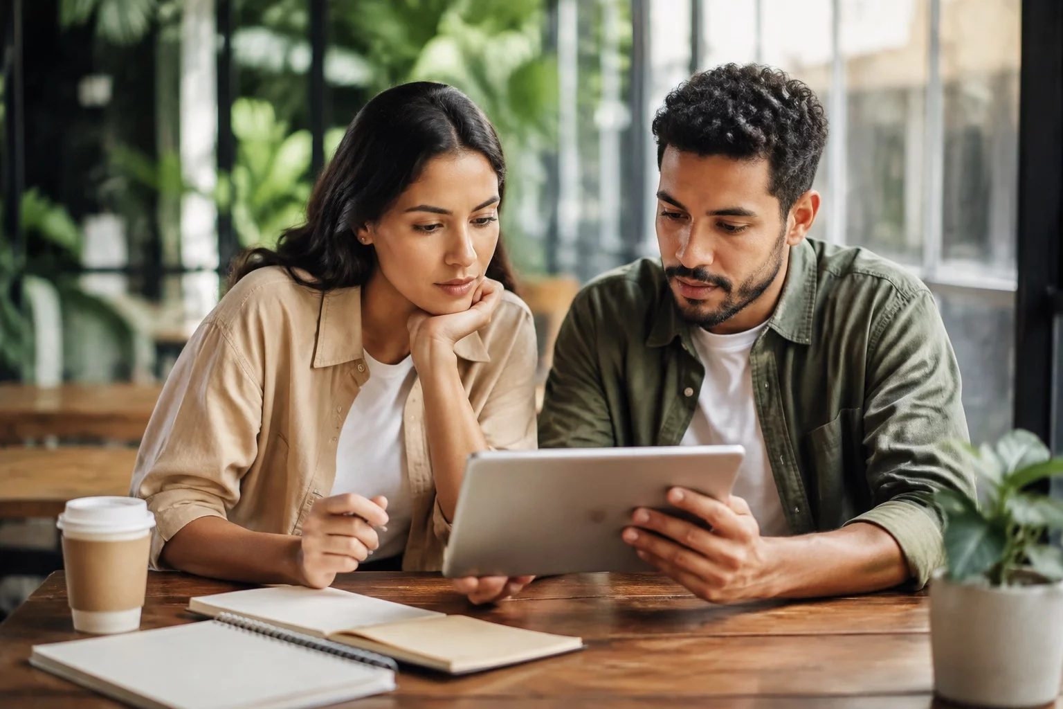 Duas pessoas revisando anotações em um tablet sobre uma mesa de madeira