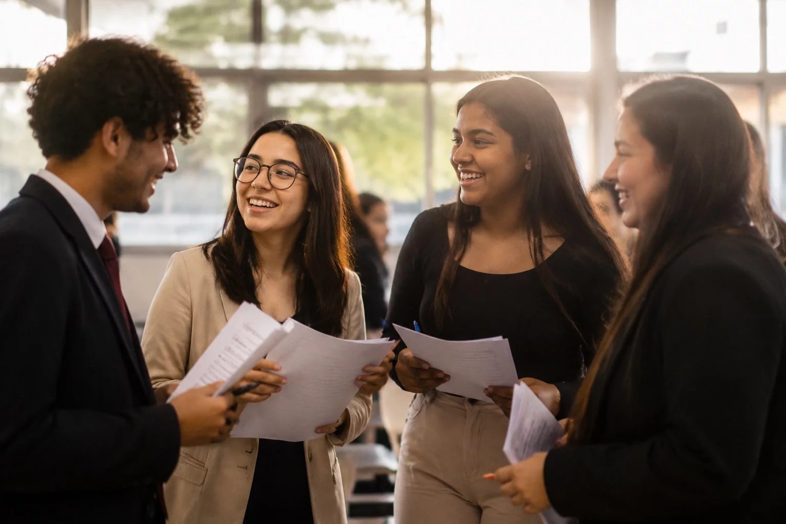 Grupo sorrindo após uma rodada de debate, com papéis nas mãos